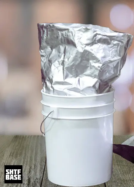 bucket, mylar, plastic, food
