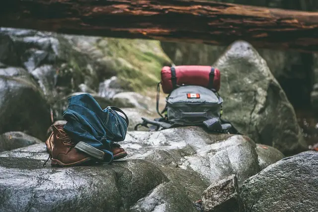 backpack, boots, ziploc bag